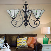 Vintage Glass Pendant Chandelier - Leaf Ceiling Light with 3 Adjustable Lights in Blue/Clear for Living Room - This Leaf Ceiling Chandelier is a Tiffany style stained glass light with a clear blue shade. It has an adjustable chain, so you can customize the perf